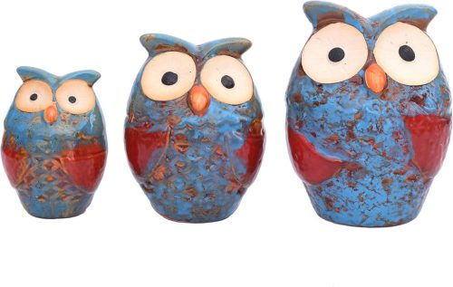 Set figurine bufnițe din ceramică Flanacom - 3 bucăți, sculpturi decorative lucrate manual pentru interior și exterior - elemente de decor pentru casă, living și grădină