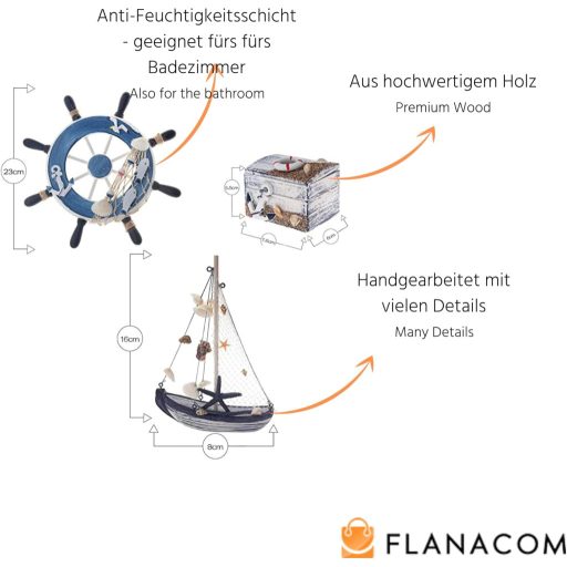 Flanacom Fürdőszoba Dekoráció Szett 3 Részes Tengeri Stílusú Fa Kiegészítő