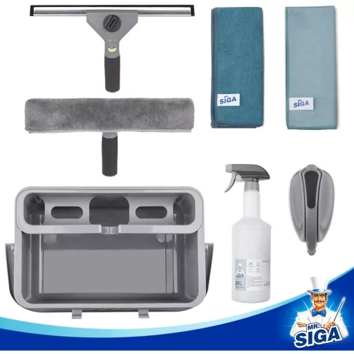 Set de curățenie casnică MR.SIGA, 7 piese - Racletă pentru geamuri, Lavetă microfibră, Perie, Pulverizator, Cutie de depozitare