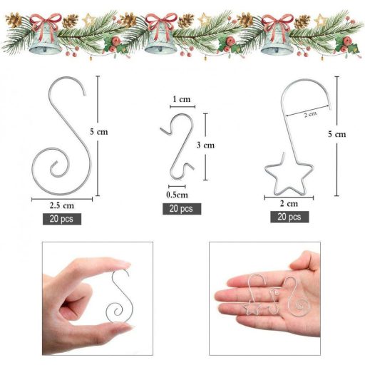 KATELUO 60 darabos Karácsonyi díszek, S alakú horgok csillaggal, újrahasználható, 3 formában (ezüst)