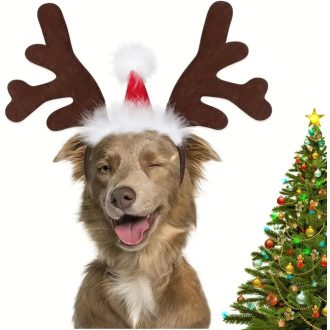   Vianočný kostým pre psa VALICLUD - čelenka so sobími parohmi a čiapkou