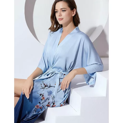 PRODESIGN Ženski Dugi Kimono Maxi Cvjetni Uzorak Saten Kućni Ogrtač Elegantna Spavaćica