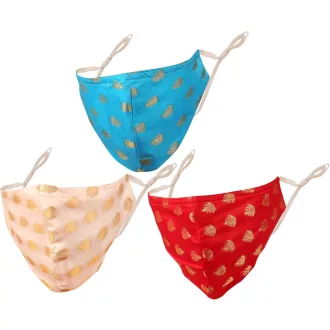   Touchstone Indická Vzorovaná Maskáč na Tvár 3-vrstvová Bavlnená s Vreckom na Filter - Prateľná, Nastaviteľná Maska pre Mužov a Ženy - 3 ks Biela, Modrá, Červená