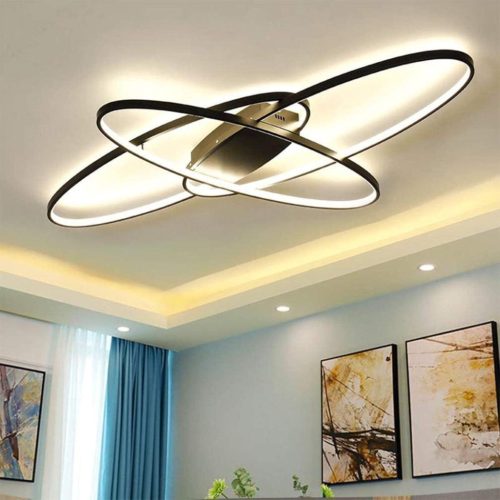 Lumină LED de plafon ovală minifair - Negru, cu telecomandă, variabilă, tip candelabru, 48W, 4300lm, pentru iluminatul livingului, dormitorului, sufrageriei și bucătăriei