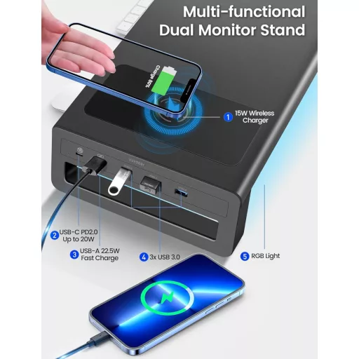 VAYDEER Suport Dublu pentru Monitor - Stativ Monitor din Aluminiu până la 32", cu Încărcător Wireless și 4 Porturi USB 3.0, Suport Laptop - Negru