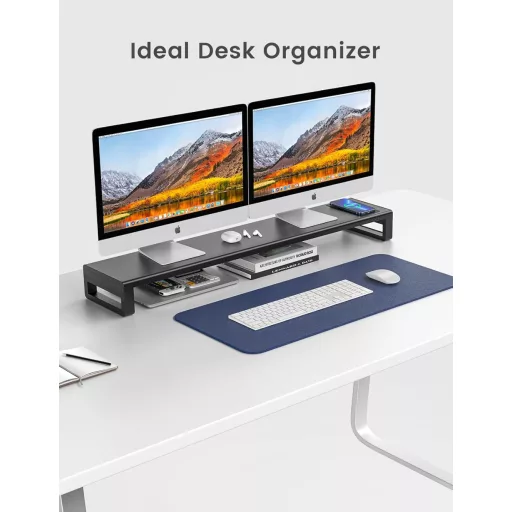 VAYDEER Suport Dublu pentru Monitor - Stativ Monitor din Aluminiu până la 32", cu Încărcător Wireless și 4 Porturi USB 3.0, Suport Laptop - Negru