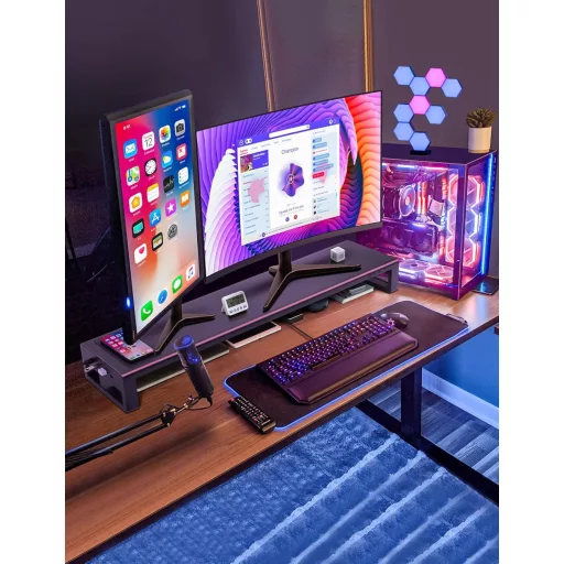 VAYDEER Suport Dublu pentru Monitor - Stativ Monitor din Aluminiu până la 32", cu Încărcător Wireless și 4 Porturi USB 3.0, Suport Laptop - Negru