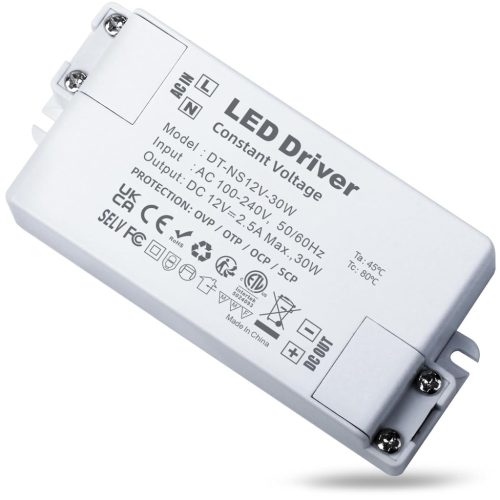 REYLAX LED Transzformátor 12V 30W - Elektronikus Tápegység 2500mA, Állandó Feszültségű Átalakító LED Lámpákhoz, Szalagokhoz, Kompakt Méret, 
