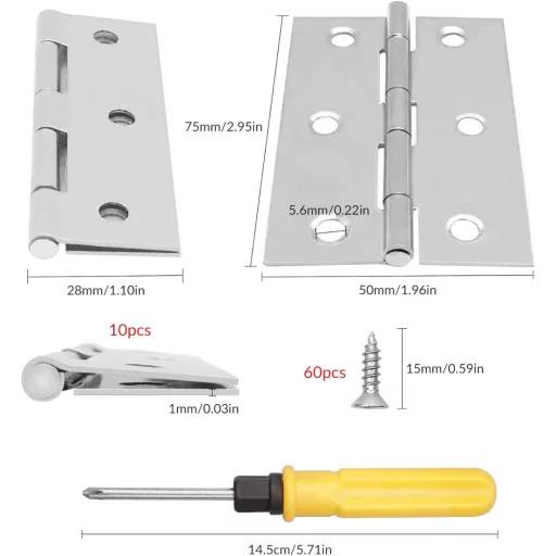 Familie de uși YSDMY din inox 75x50mm, 10 buc. balamale cu șuruburi și șurubelniță