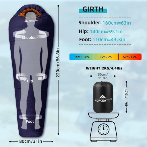 Sac de dormit mumie Forceatt pentru 4 anotimpuri, -10°C - 15°C, impermeabil, ultralight pentru camping