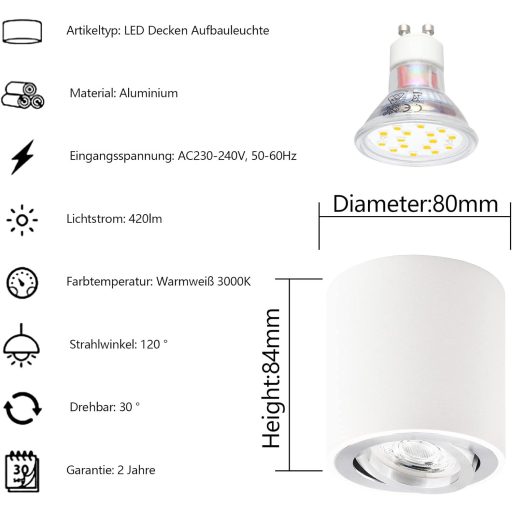 KYOTECH LED Beépíthető Mennyezeti Lámpa Forgatható 80mm Meleg Fehér 3000K