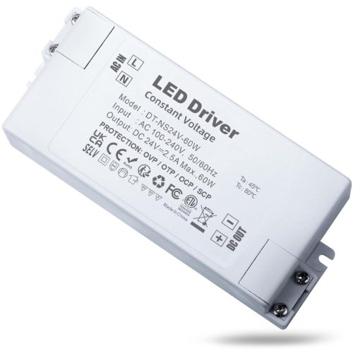 REYLAX Transformator LED 24V 60W - Alimentator LED Compact 2,5A, Convertor 230V-24V, Driver de Tensiune Constantă pentru Lămpi, Benzi