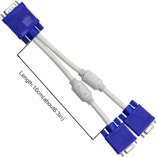 YIONESHOP VGA Y Elosztó Kábel - 1 Apa 2 Anya Csatlakozó, 15cm, Kék - Monitor Duplikáló Adapter Laptophoz, Plug & Play, Zavarszűrős