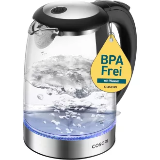   COSORI üveg vízforraló 1,7 L, 2200 W, rozsdamentes acél szűrő, 360° forgatható talp
