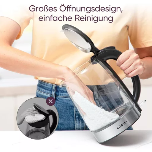 COSORI üveg vízforraló 1,7 L, 2200 W, rozsdamentes acél szűrő, 360° forgatható talp