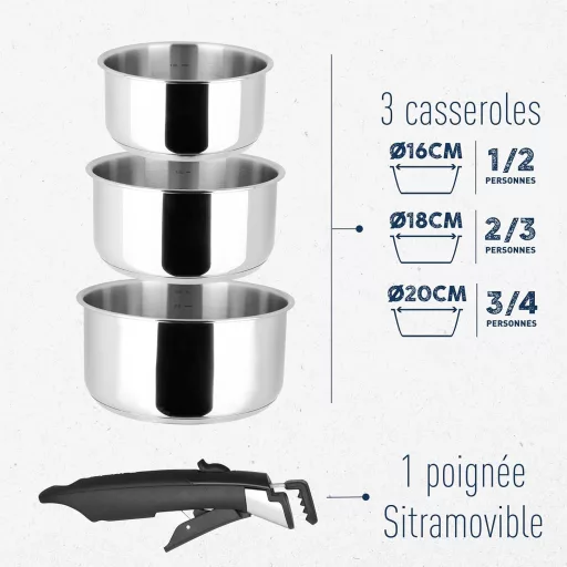 Sitram 3 részes edénykészlet 16+18+20cm lábas indukciós eltávolítható nyéllel
