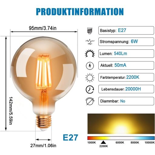 Bec LED Edison Vintage ExtraStar G95 E27 Filament, Lampă Retro Decorativă, Lumină Caldă