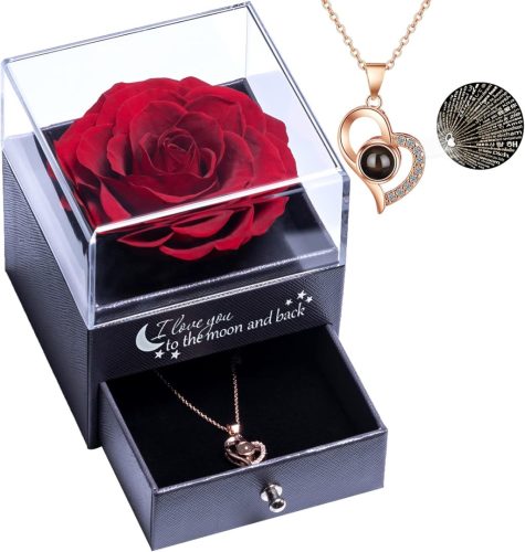 Set cadou Trandafir Etern - Trandafir natural criogenat în formă de Lună cu colier "Te Iubesc", cadou romantic pentru femei