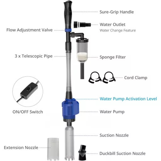 BootyBay Električni usisavač za akvarij - 3-u-1 čistač podloge, izmjenjivač vode i sifon za čišćenje šljunka za slatkovodne i morske akvarije