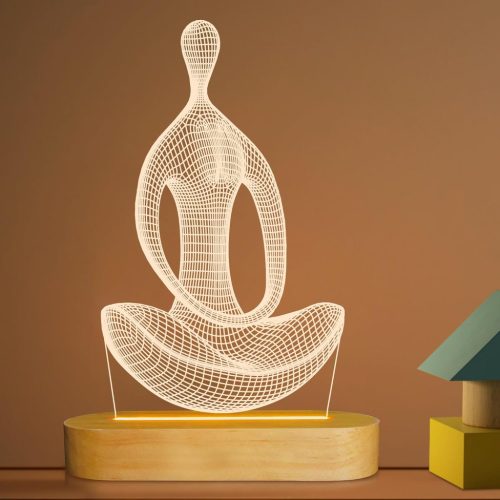 BootyBay 3D Jóga LED Éjjeli Lámpa - Meditációs Asztali Világítás Meleg Fénnyel, Fa Talppal - USB Dekorációs Lámpa Ajándékba Nőknek, Lányokna