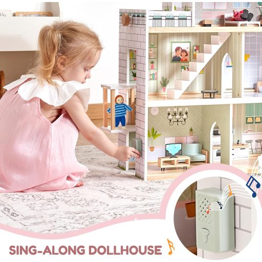 Giant Bean 80 cm-es fa babaház lifttel, csengővel, világítással, 15 bútor és 3 babával - rózsaszín