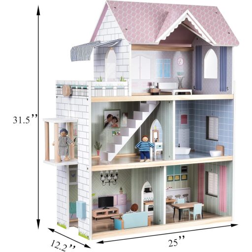 Giant Bean 80 cm-es fa babaház lifttel, csengővel, világítással, 15 bútor és 3 babával - rózsaszín
