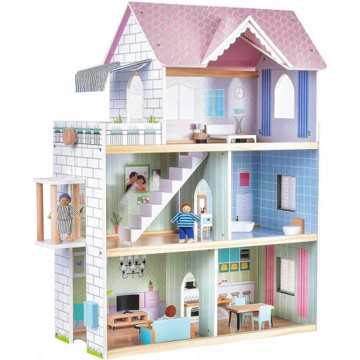 Giant Bean 80 cm-es fa babaház lifttel, csengővel, világítással, 15 bútor és 3 babával - rózsaszín