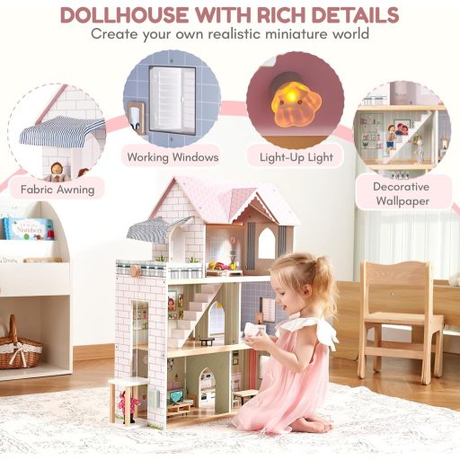 Giant Bean 80 cm-es fa babaház lifttel, csengővel, világítással, 15 bútor és 3 babával - rózsaszín