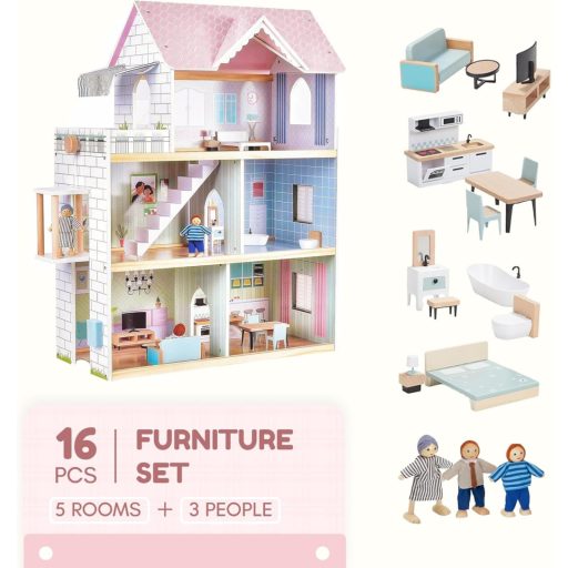 Giant Bean 80 cm-es fa babaház lifttel, csengővel, világítással, 15 bútor és 3 babával - rózsaszín