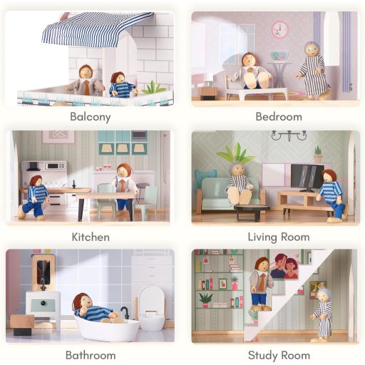 Giant Bean 80 cm-es fa babaház lifttel, csengővel, világítással, 15 bútor és 3 babával - rózsaszín