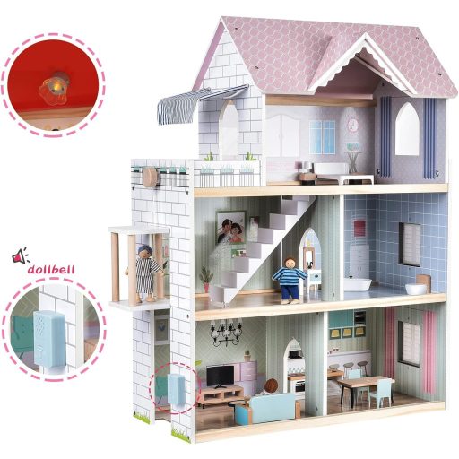 Giant Bean 80 cm-es fa babaház lifttel, csengővel, világítással, 15 bútor és 3 babával - rózsaszín