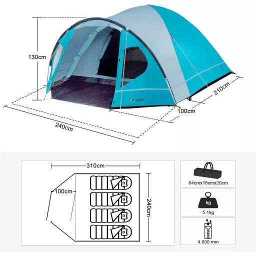 Portal 3-4 Személyes Kék Kempingsátor Előtérrel - Vízálló 4000mm Kupolasátor Családi Túrázáshoz, UPF 50+ Fémpálcás