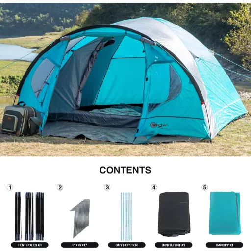 Portal 3-4 Személyes Kék Kempingsátor Előtérrel - Vízálló 4000mm Kupolasátor Családi Túrázáshoz, UPF 50+ Fémpálcás