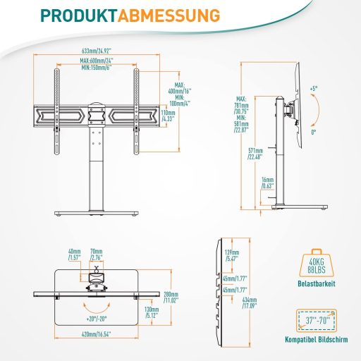 ELIVED EV017 forgó TV állvány 37-70 colos tévéhez, 40 kg terhelhetőség, VESA 600x400