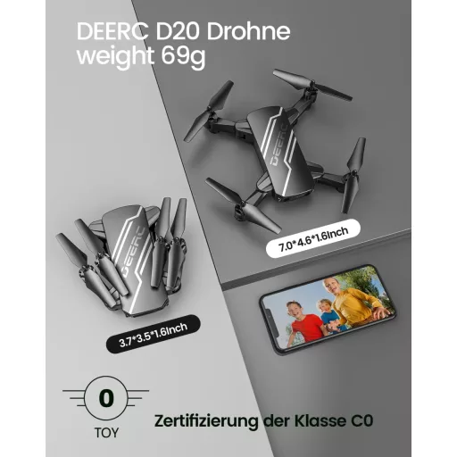 Dronă pliabilă DEERC D20 cu cameră HD, transmisie live FPV, control prin gesturi, timp de zbor lung, pentru copii