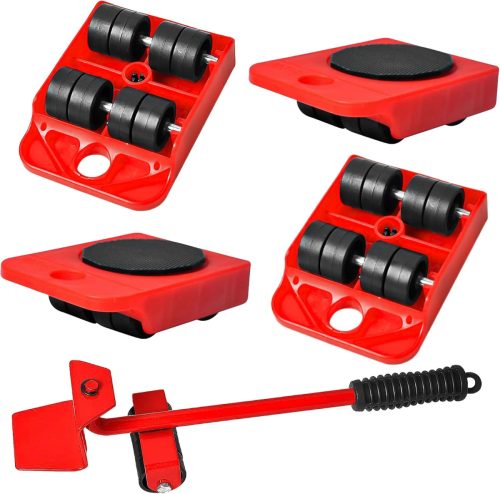 Set de mutare mobilă cu role, 5 piese - 4 role + 1 levier, capacitate 150 kg, autoadezive, ideal pentru mutări, canapele, frigidere.
