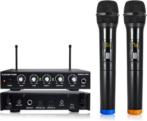 Sistem mixer karaoke wireless cu 16 canale Sound Town SWM16-PRO cu intrare optică, 2 microfoane de mână - TV, proiectoare audio