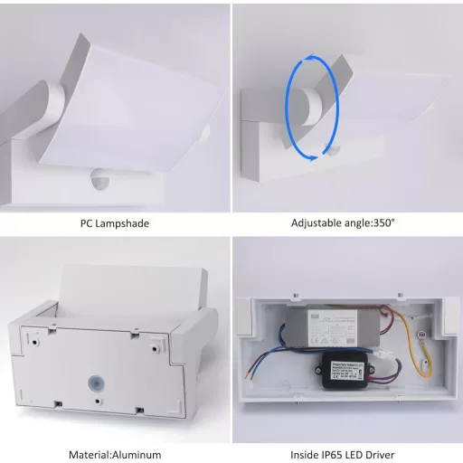 Lampă de perete LED pentru exterior Klighten 24W cu senzor de mișcare, IP65, cu panou rotativ