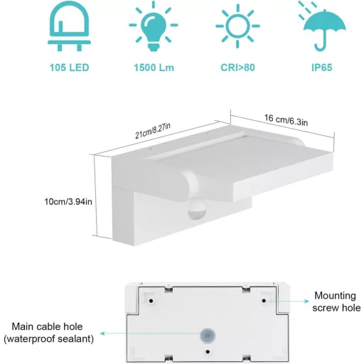 Lampă de perete LED pentru exterior Klighten 24W cu senzor de mișcare, IP65, cu panou rotativ