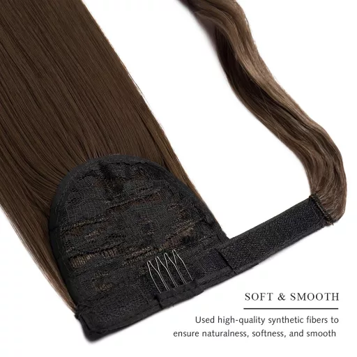 Coadă de cal cu clips Cybelleza - Extensie de păr șaten castaniu, dreaptă, rezistentă la căldură până la 160°C, codiță cu aspect natural