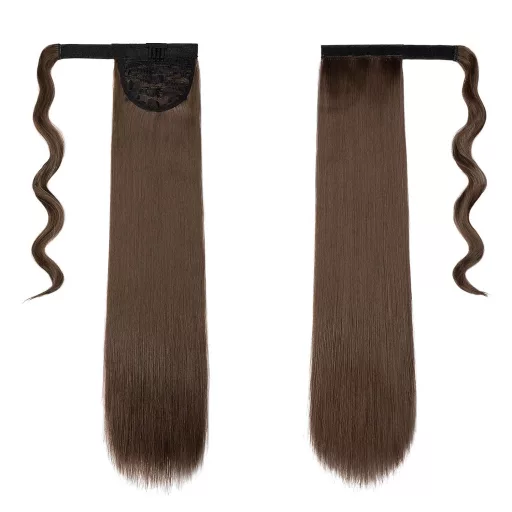 Coadă de cal cu clips Cybelleza - Extensie de păr șaten castaniu, dreaptă, rezistentă la căldură până la 160°C, codiță cu aspect natural