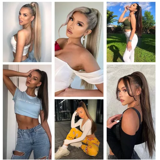 Coadă de cal cu clips Cybelleza - Extensie de păr șaten castaniu, dreaptă, rezistentă la căldură până la 160°C, codiță cu aspect natural