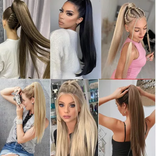 Coadă de cal cu clips Cybelleza - Extensie de păr șaten castaniu, dreaptă, rezistentă la căldură până la 160°C, codiță cu aspect natural