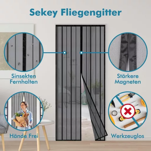 Sekey Mágneses Szúnyogháló Ajtóra 105x220cm Fekete Fúrás Nélkül