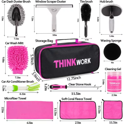 THINKWORK 17 részes autóápolási szett belső-külső tisztításhoz rózsaszín