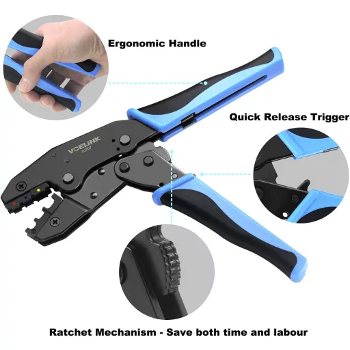 VCELINK GJ707 Clește de sertizare cu clichet, pentru terminale de cablu 0,5-6,0 mm², albastru