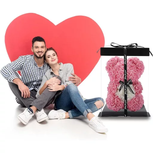 Rózsaszín Rózsa Medve Ajándék - Valentin napra, Esküvőre, 25 cm, Ajándékdobozban