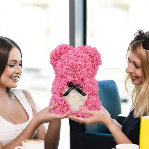 Rózsaszín Rózsa Medve Ajándék - Valentin napra, Esküvőre, 25 cm, Ajándékdobozban