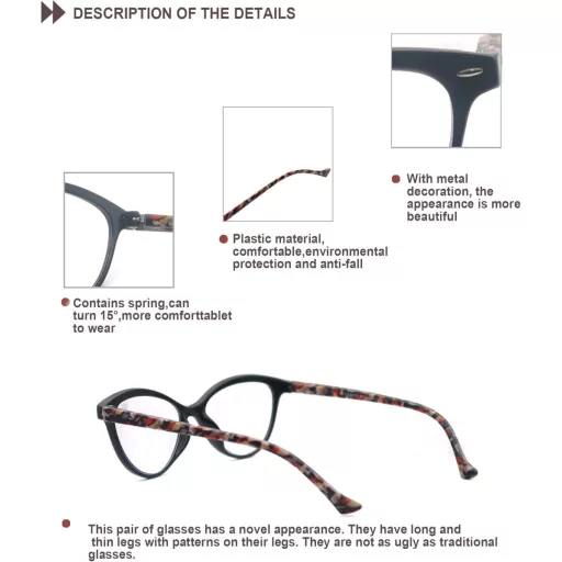 Ochelari de citit pentru femei, model "ochi de pisică" cu imprimeu floral, ușori.