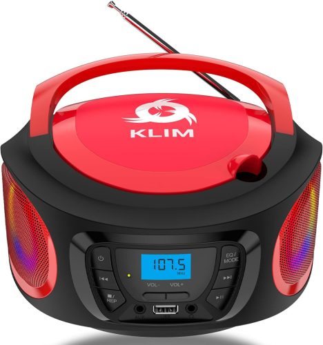KLIM Boombox Hordozható CD Lejátszó - FM Rádió, Bluetooth, MP3, USB, AUX - Újratölthető Akkumulátor, RGB Világítás, Kompakt Kivitel (Piros)
